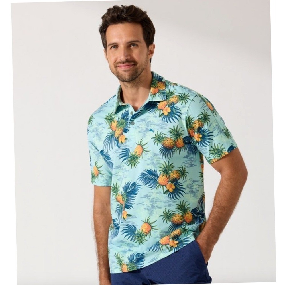 Tommy Bahama IslandZone Mens XXL Pineapple Palm Tropical Polo Shirt Short Sleeve